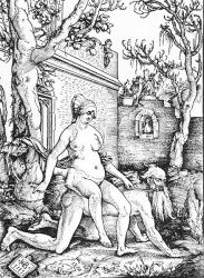 Aristotle and his lover Phyllis. Phyllis is riding on the great philosopher, which is used to symbolize the power of the women. Story often pictured by Renaissance artists.